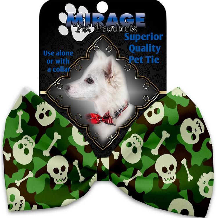 Green Camo Skulls Pet Bow Tie Collar Accessory with Velcro